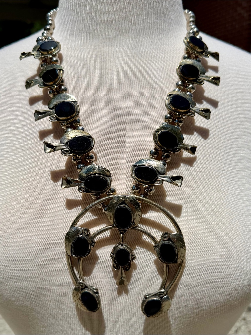 Sterling-Style Black Onyx Squash Blossom Necklace,  Earrings & 2 bracelets set